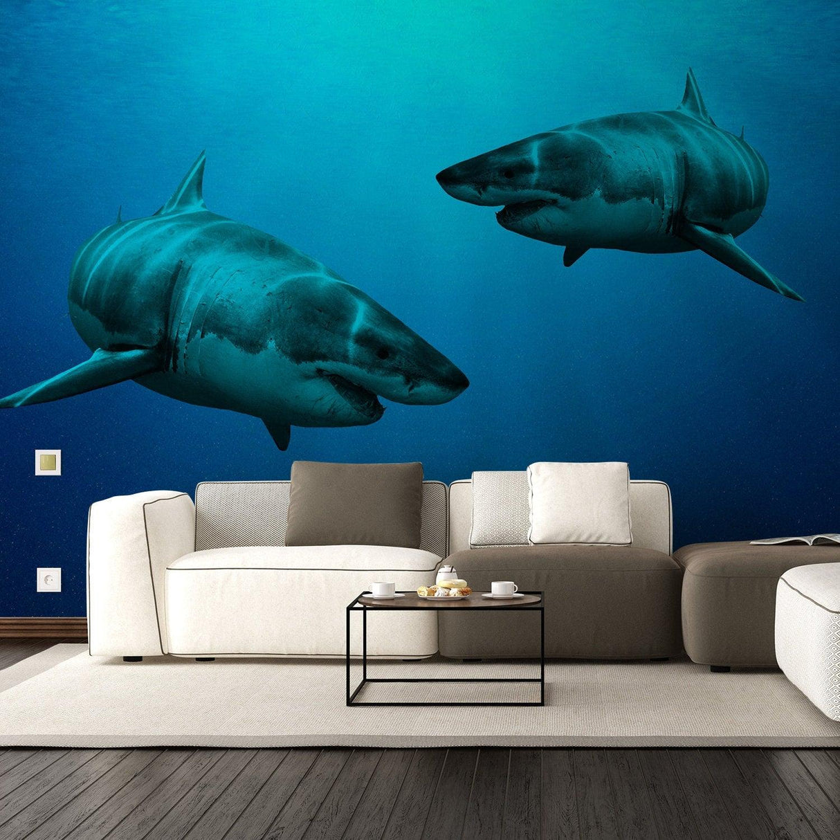 3D wallpaper sticker of two sharks swimming in an ocean-themed living room, creating an immersive underwater decor.