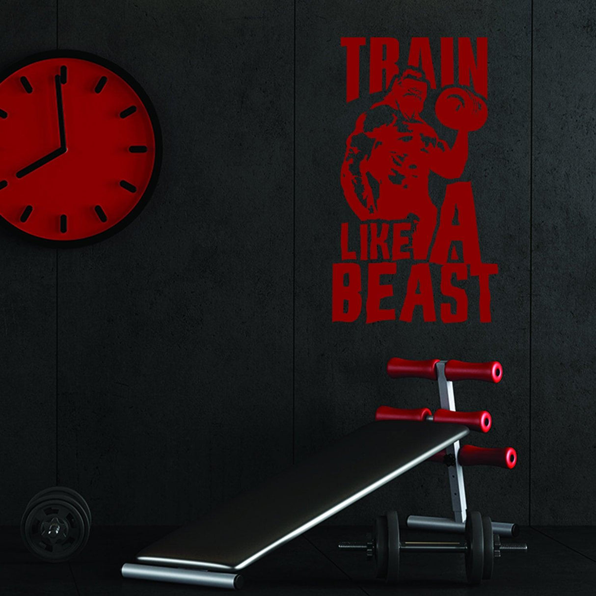 Vinyl wall decal of a muscular figure with the text 'Train Like A Beast' in a gym setting.