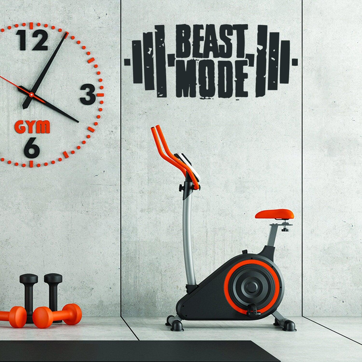 Beast Mode vinyl decal on gym wall above exercise bike and weights, perfect for motivational workout decor.