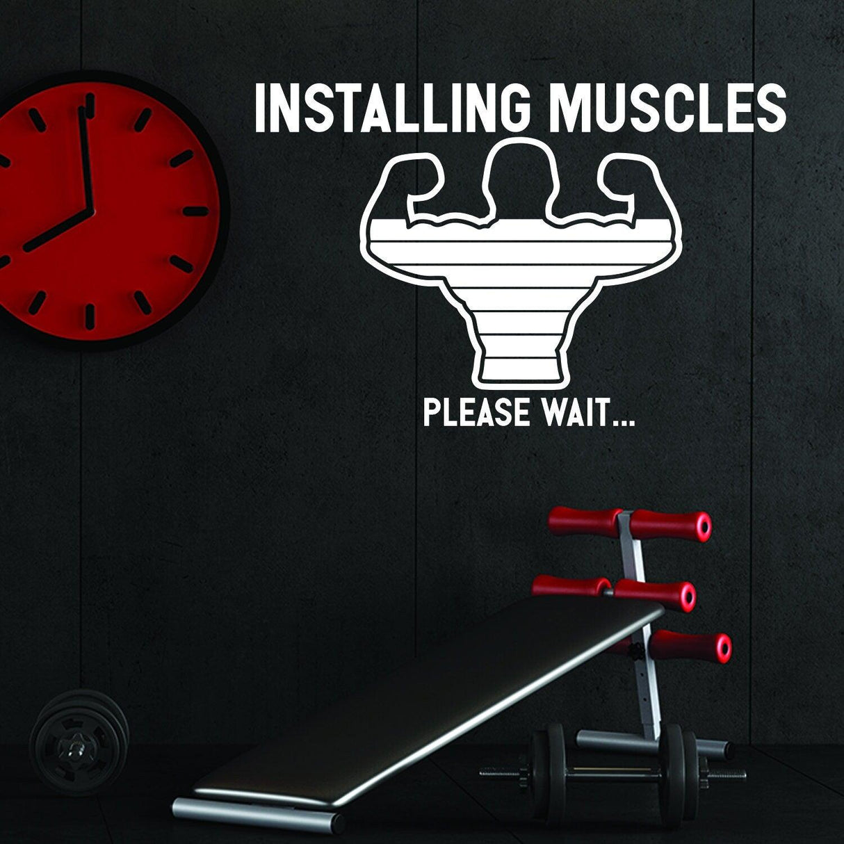 Fitness gym wall decal saying 'Installing Muscles Please Wait' with dumbbells and exercise bench in background.
