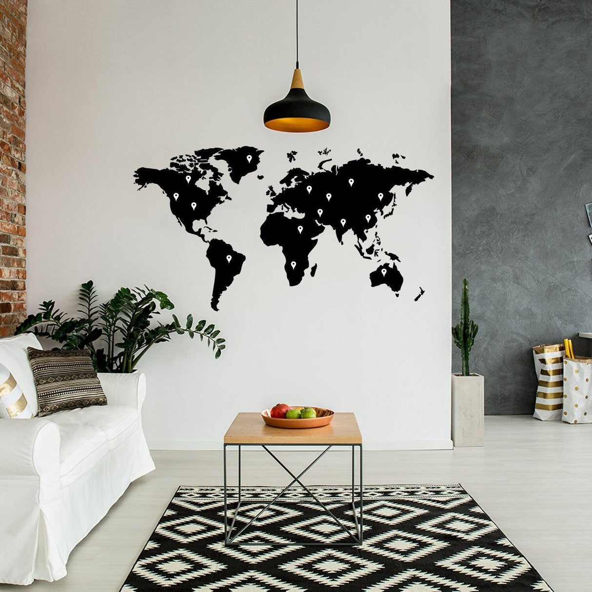 World Map Vinyl Sticker on a modern wall, stylish home decor with intricate design and minimalist furniture.