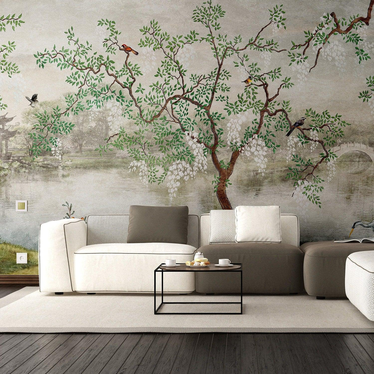 Chinoiserie wallpaper featuring a serene garden scene with birds and greenery, enhancing modern living room decor.