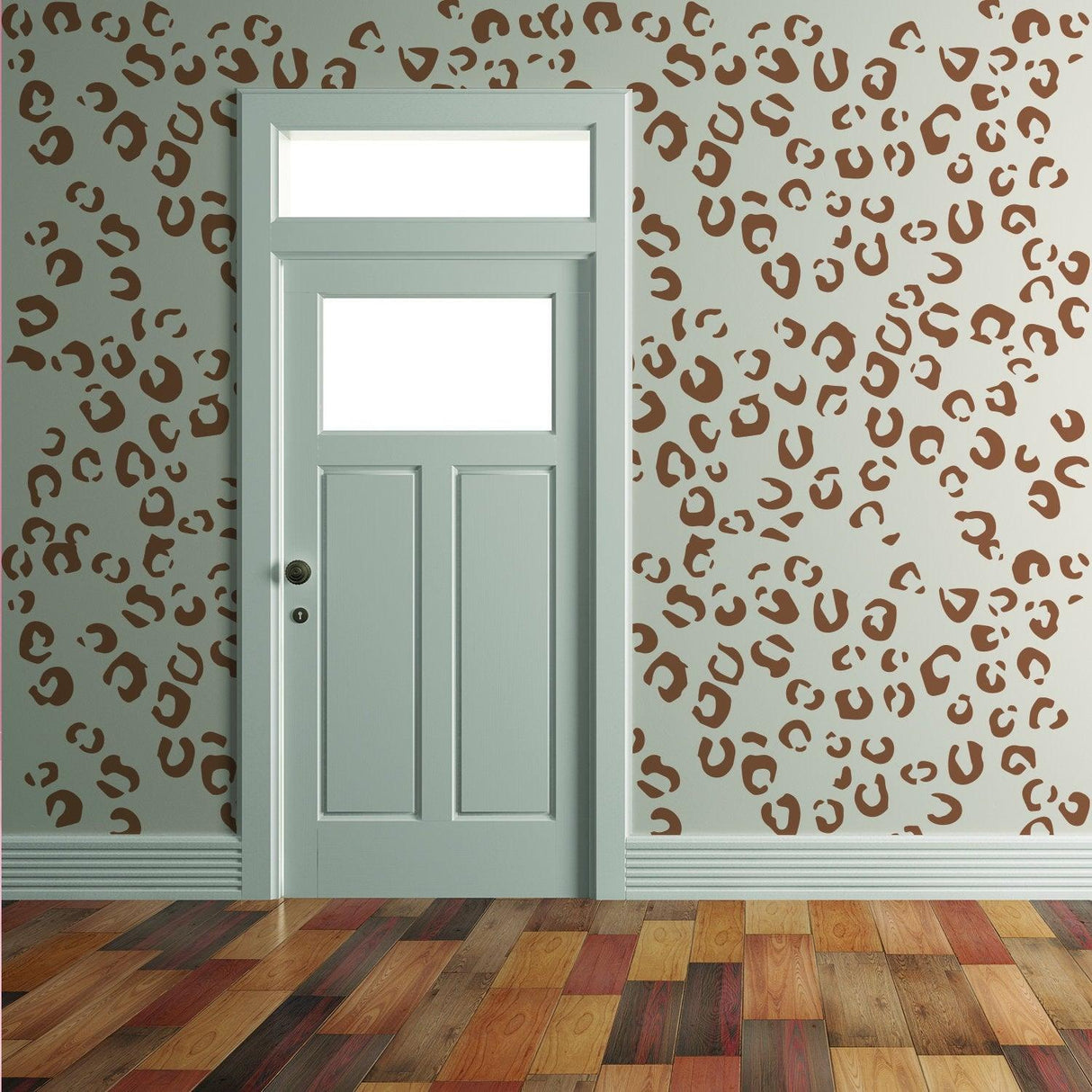 Leopard print wall design featuring brown spots on a light background with a stylish door