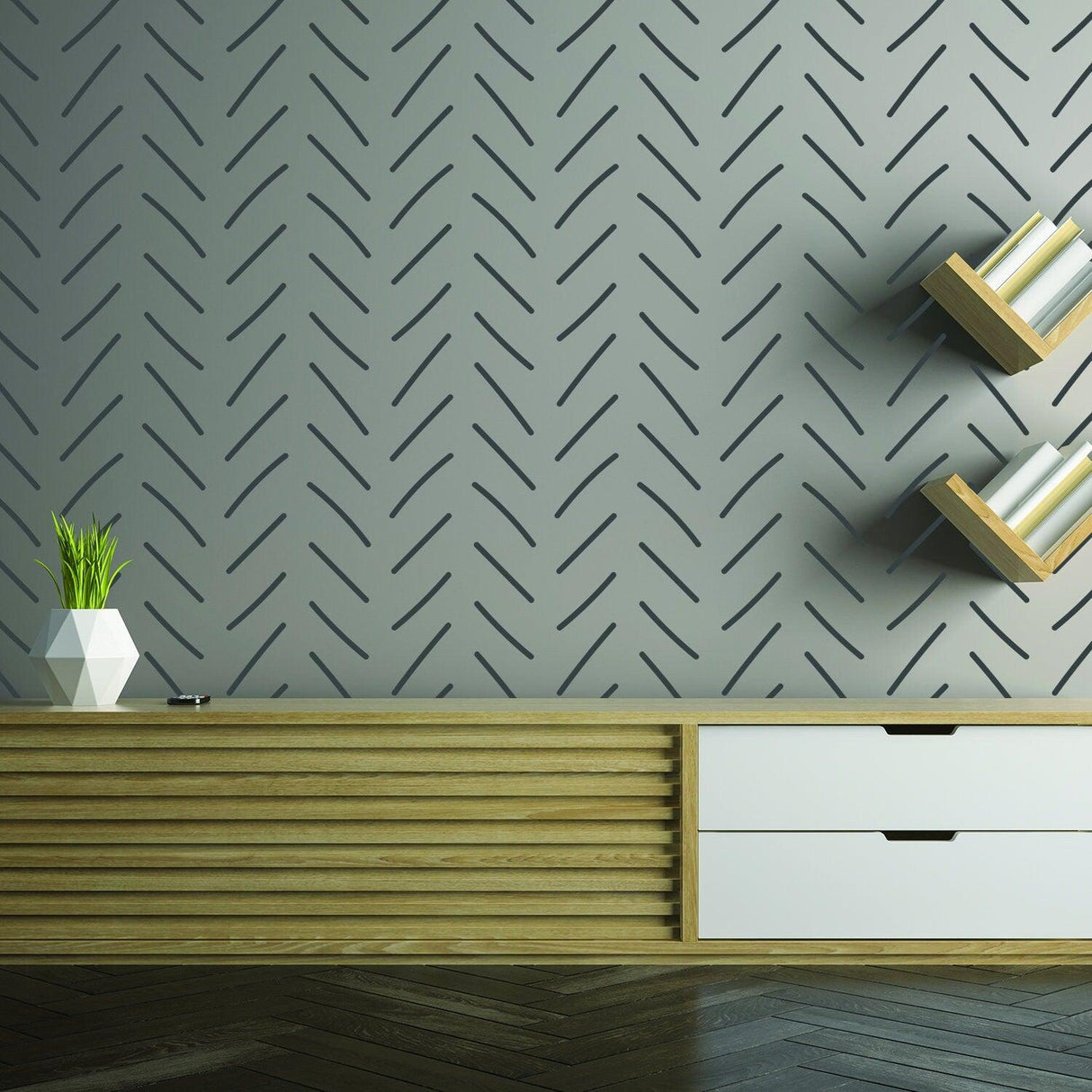 Stylish herringbone wallpaper in black on gray wall, featuring geometric pattern, enhancing modern interior decor.