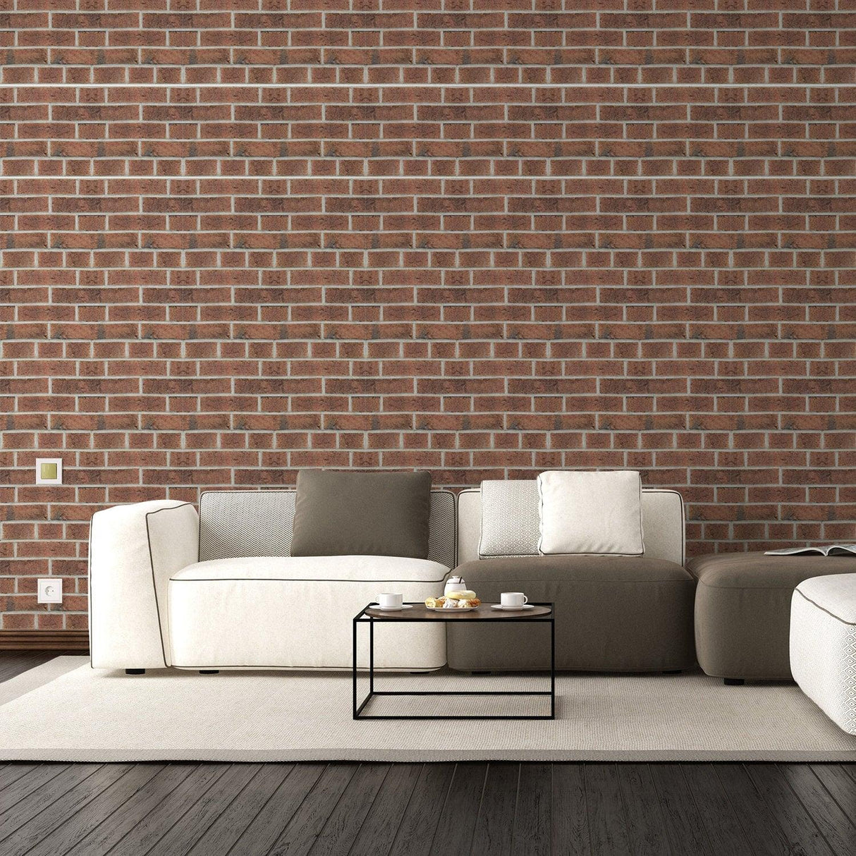 Living room featuring brick self-adhesive wallpaper with a 3D effect, enhancing the modern decor.