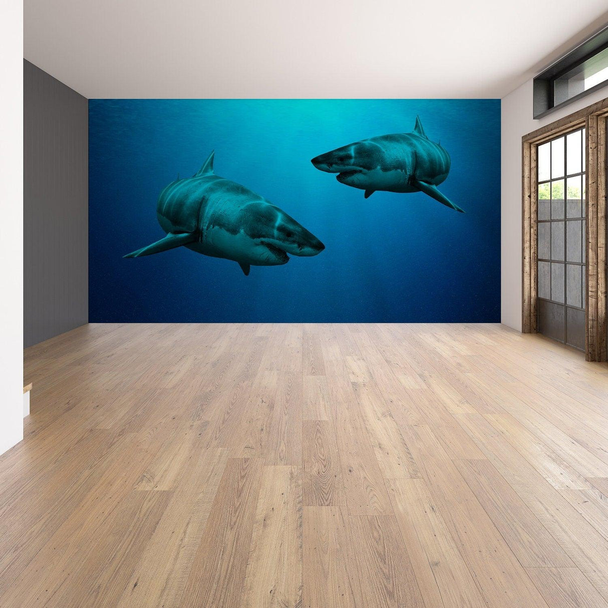 3D shark wall sticker in an empty room, creating an underwater ocean atmosphere with removable decor.