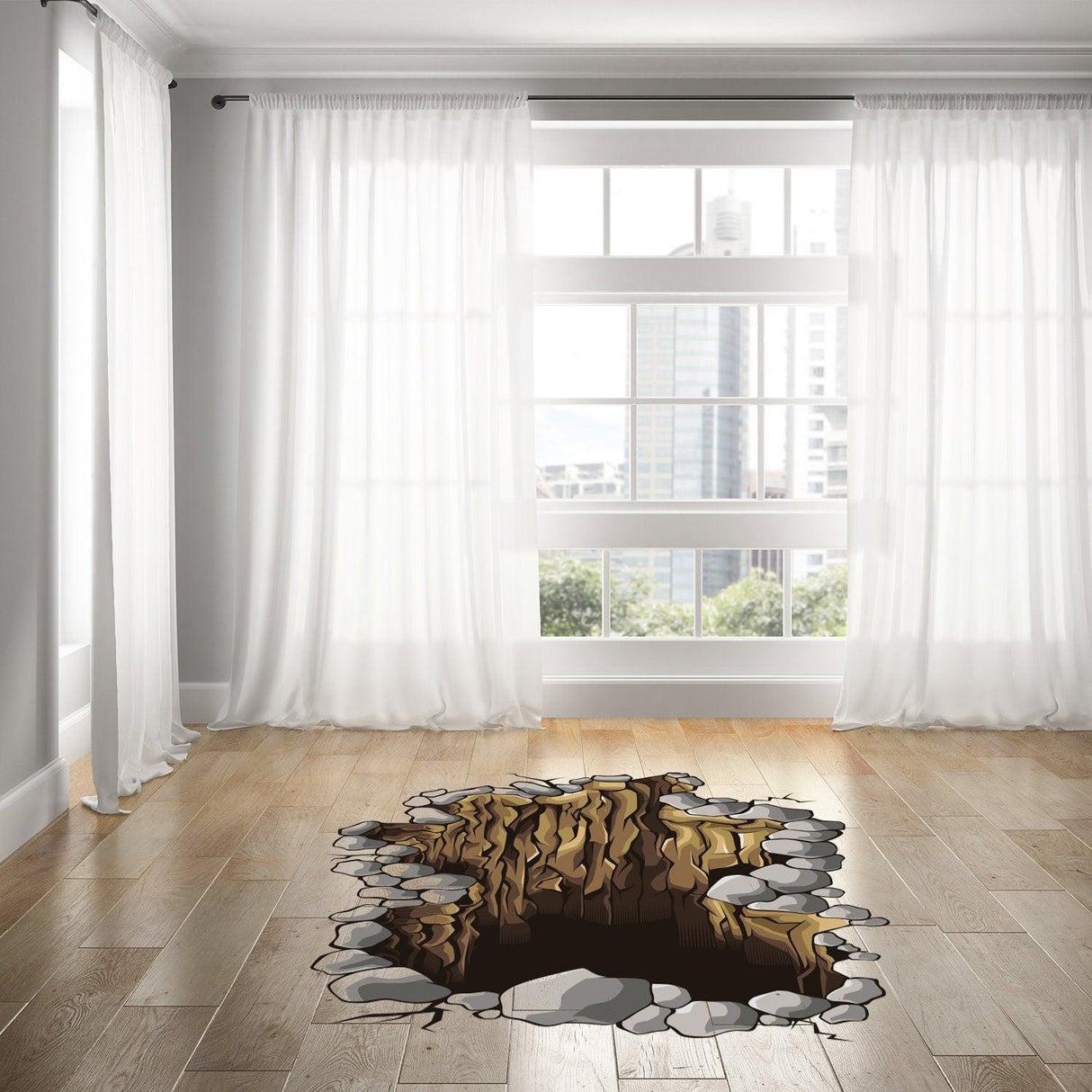 3D floor porthole sticker of an underground hole design in a modern living room with large windows.