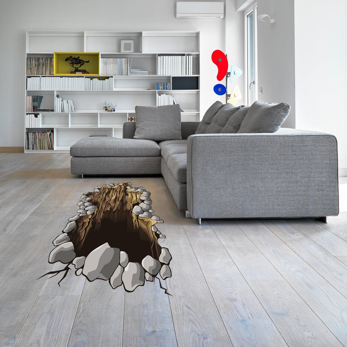 3D floor porthole sticker featuring a realistic underground scene, enhancing a modern living room decor.