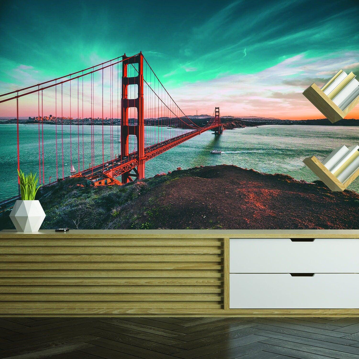 Vibrant California Golden Gate Bridge wallpaper sticker, adding elegance to home decor with stunning vinyl art.