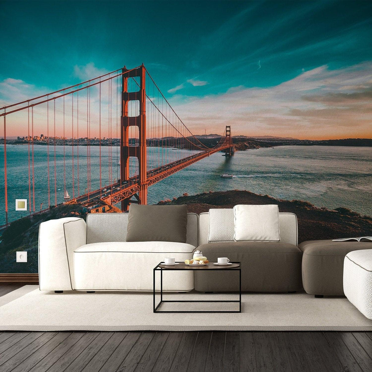 Golden Gate Bridge wallpaper sticker showcased in a modern living room, adding elegance to home decor.