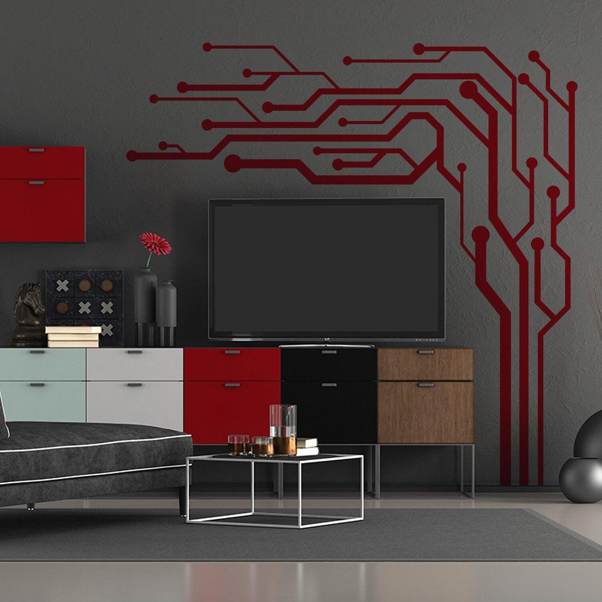TV wall decor featuring modern red vinyl circuit design, enhancing a stylish living room space with decorative appeal.