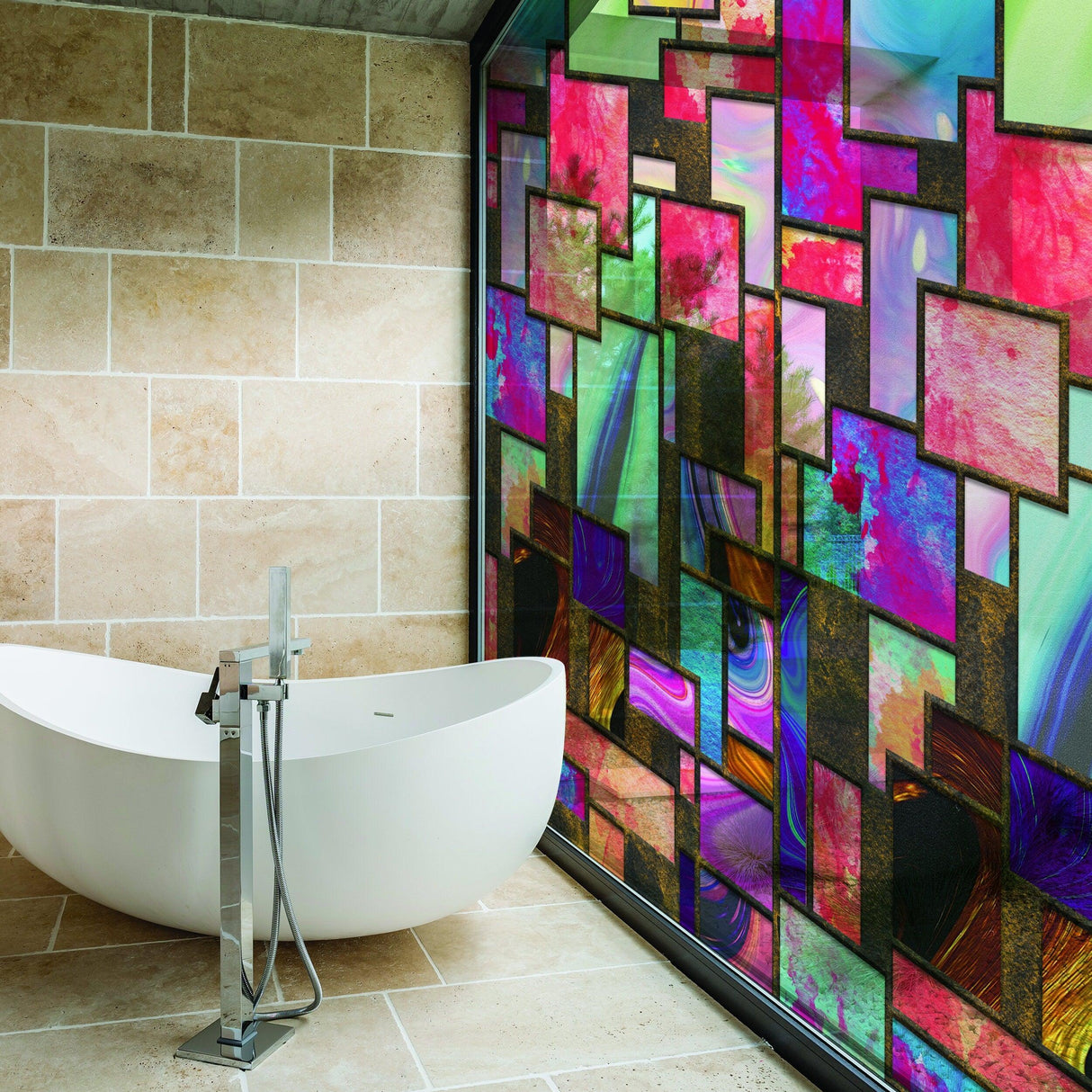 Colorful frosted glass film in modern bathroom, adding privacy and style to the window.