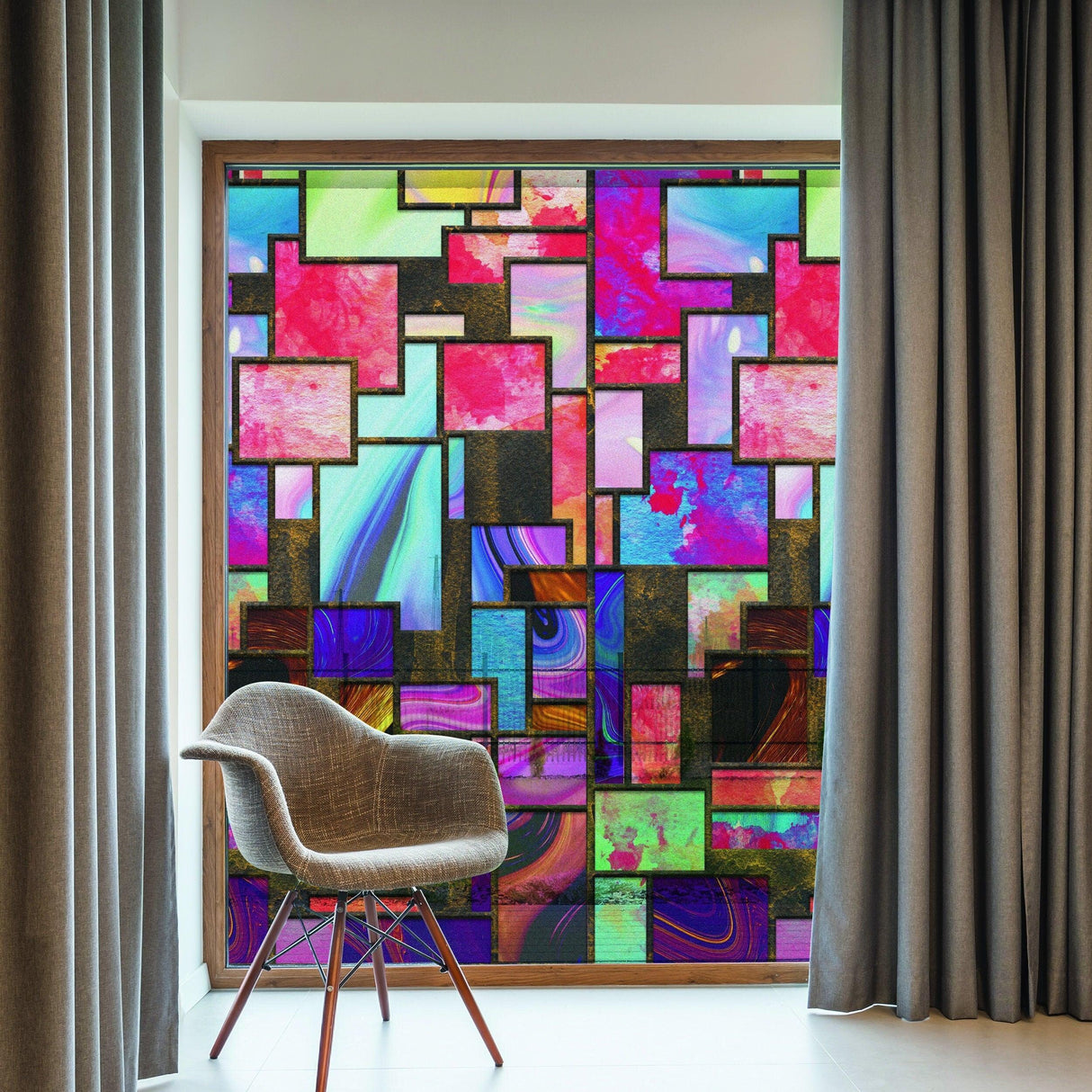 Colorful frosted window film with abstract design for privacy and decoration in a modern room setting.