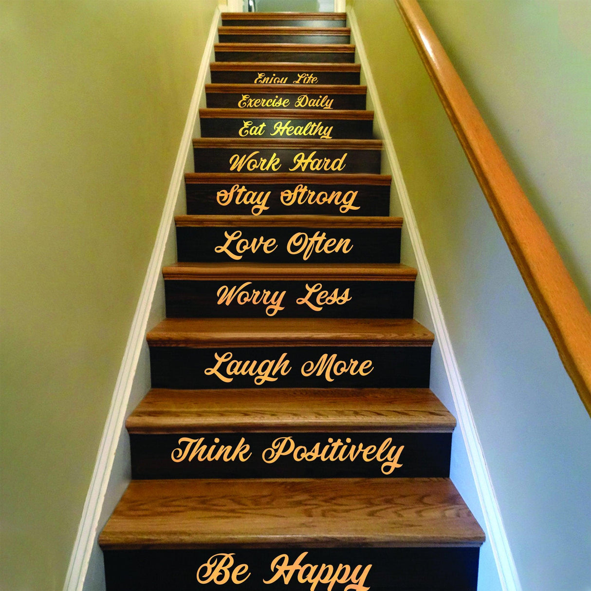 Decorative Stair Riser Step Quotes Vinyl Decals showcasing family sayings on a stylish staircase.