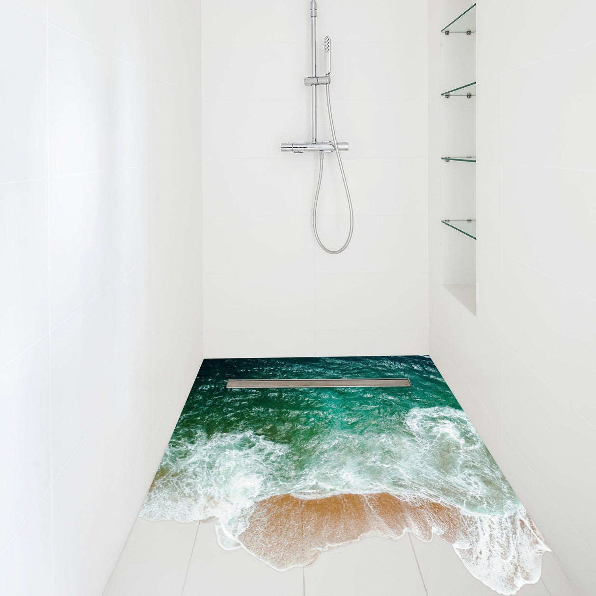 3D vinyl sea floor bathroom sticker creating an ocean illusion on shower flooring, adding charm to the space.