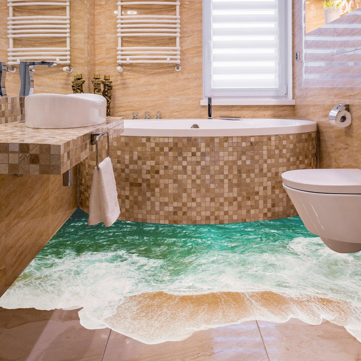 3D sea floor bathroom stickers transforming a stylish bathroom with bathtub and ocean wave design on flooring.