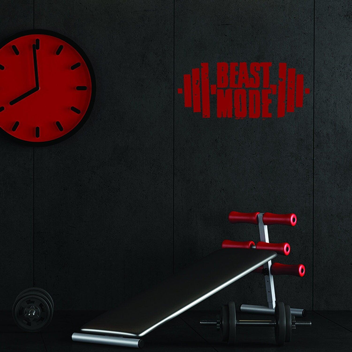 Fitness gym wall decor featuring 'Beast Mode' vinyl decal above workout equipment.