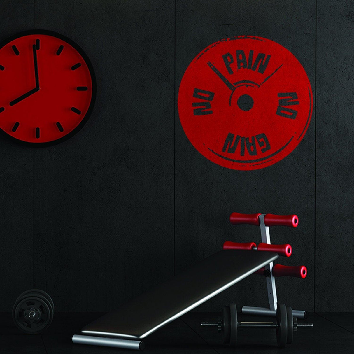 Fitness gym wall decal saying 'No Pain No Gain' in red on a black wall, with gym equipment in the foreground.