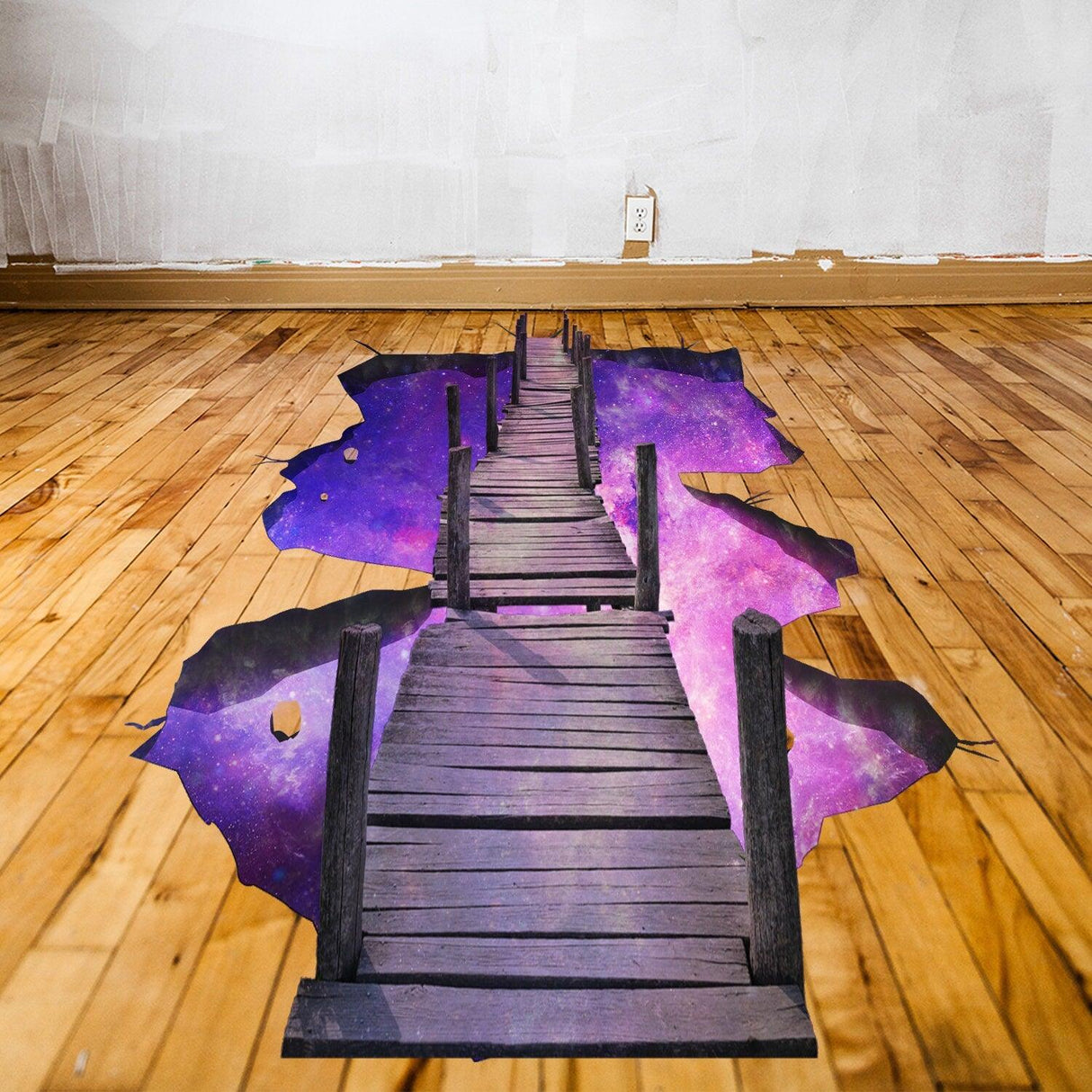 3D space bridge vinyl decal on a wooden floor, featuring a galaxy design with a vivid purple backdrop.