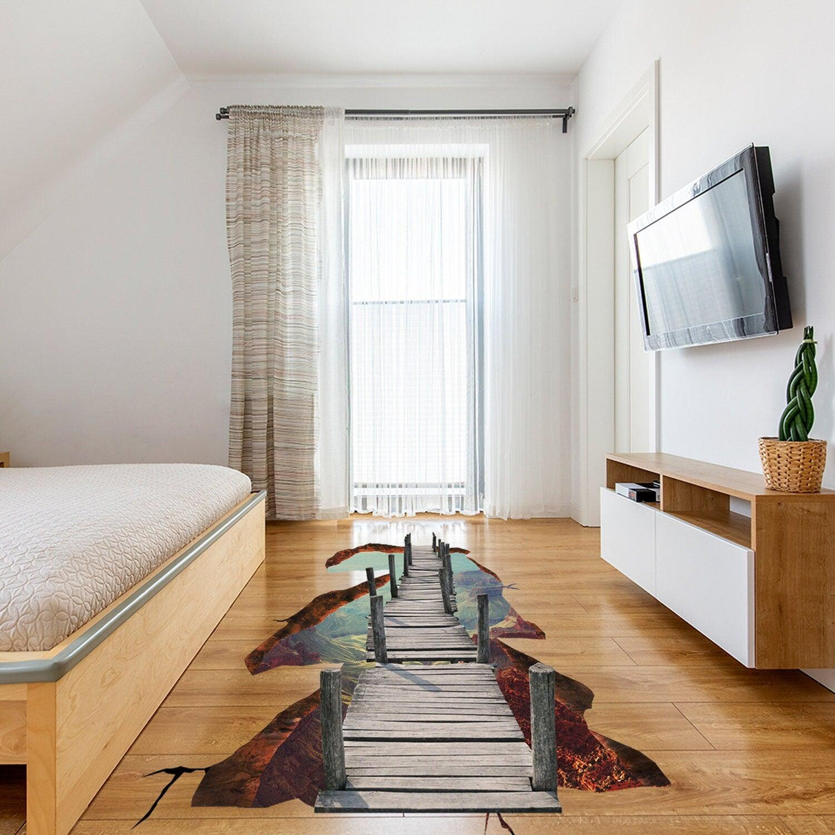 3D Space Bridge vinyl decal on wooden floor in modern bedroom, creating an artistic and immersive galaxy experience.