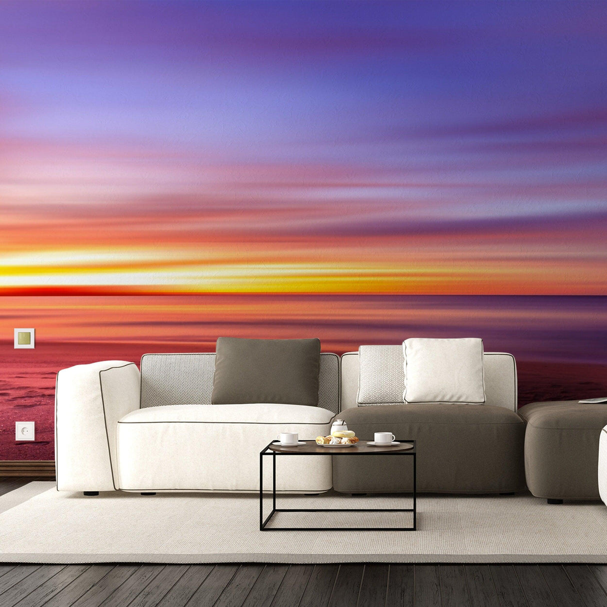 Vibrant sunset wallpaper decals in a modern living room setting, enhancing decor with serene nature views.