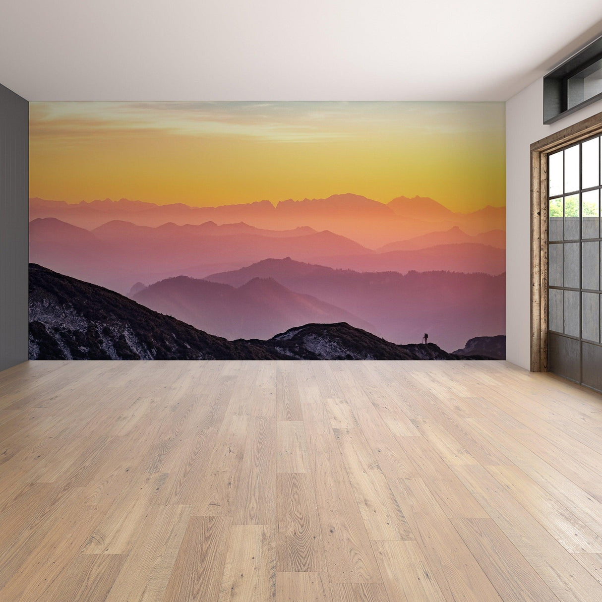 Sunset wallpaper decal showcasing vibrant mountains and colorful skies, perfect for home decor transformation.