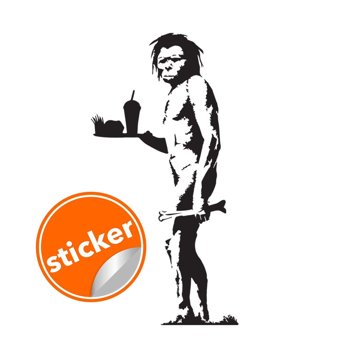 Banksy Caveman Art Graffiti Sticker showing a caveman with food, modern vinyl wall decal for home decor.