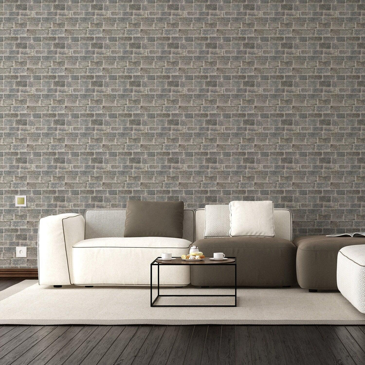 Modern living room with brick self-adhesive wallpaper and stylish furniture, showcasing a cozy and elegant ambiance.