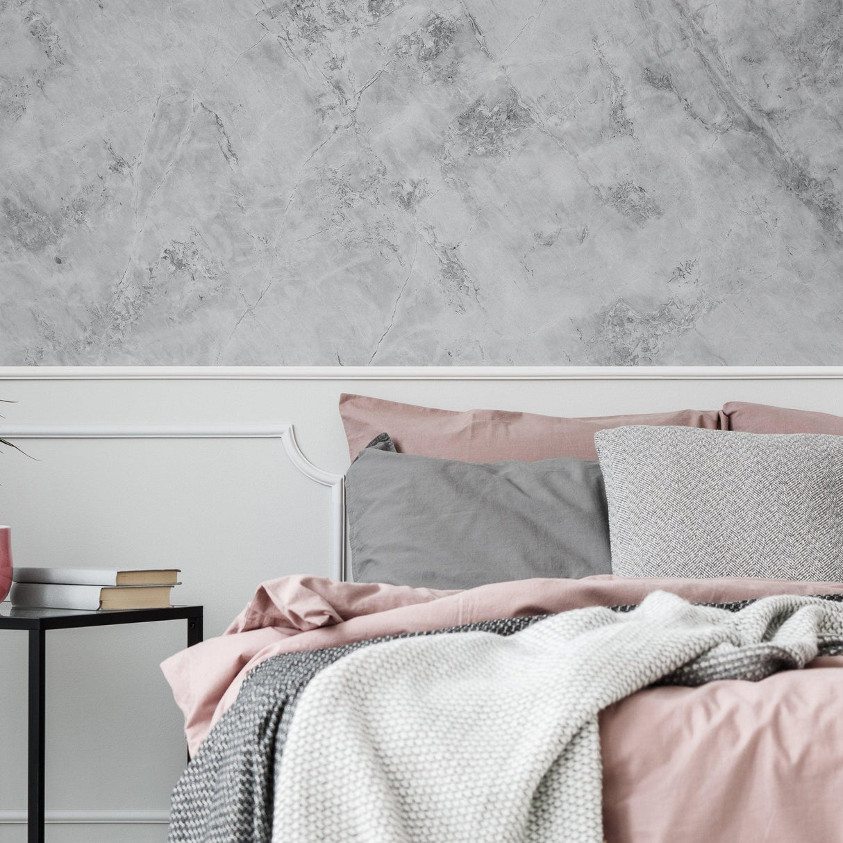 Elegant bedroom featuring marble vinyl wallpaper sticker with cozy bedding and modern decor.