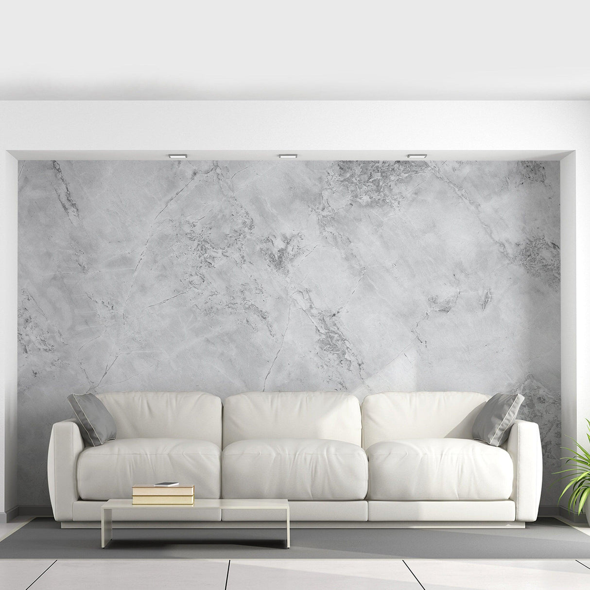 Elegant living room featuring grey marble vinyl wallpaper backdrop and a stylish white sofa.