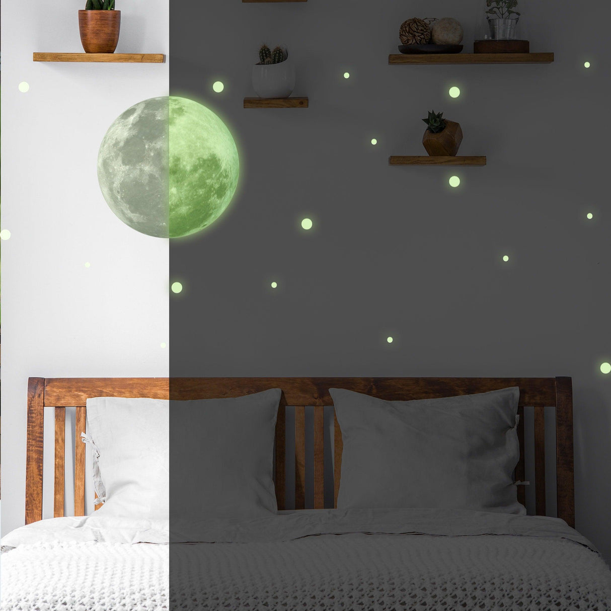 Glow in the dark full moon and star wall sticker on bedroom ceiling, creating a celestial atmosphere.