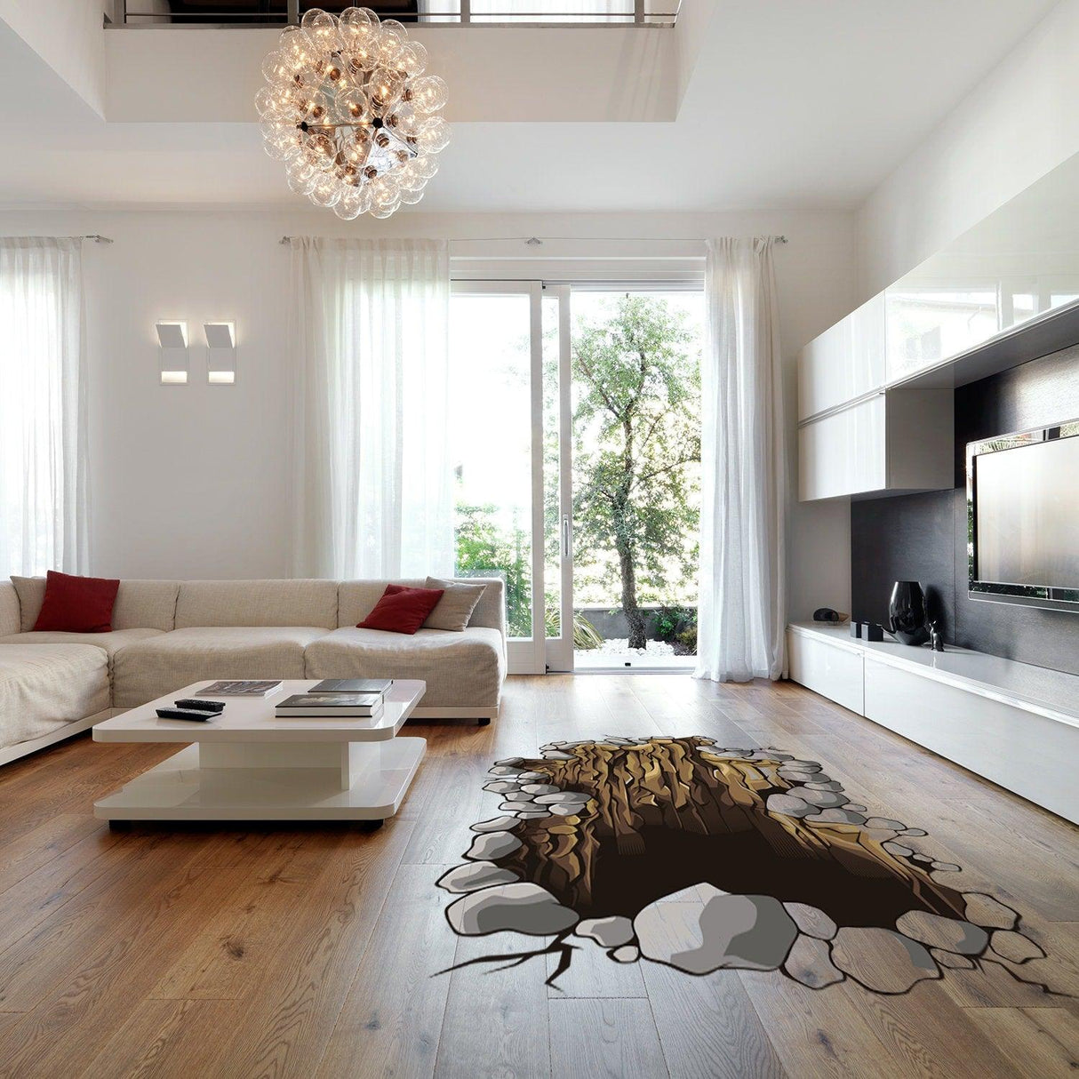 3D floor porthole sticker in living room with rocks and wooden planks creating an illusion of depth and space.