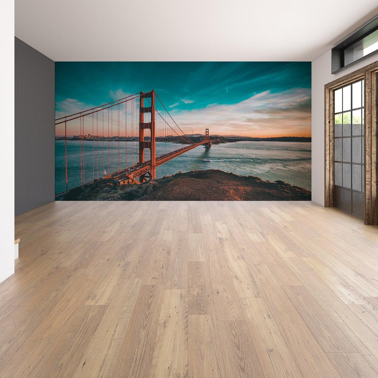 California Golden Gate Bridge wallpaper sticker in a modern room, showcasing vibrant sunset colors on a vinyl wall print.