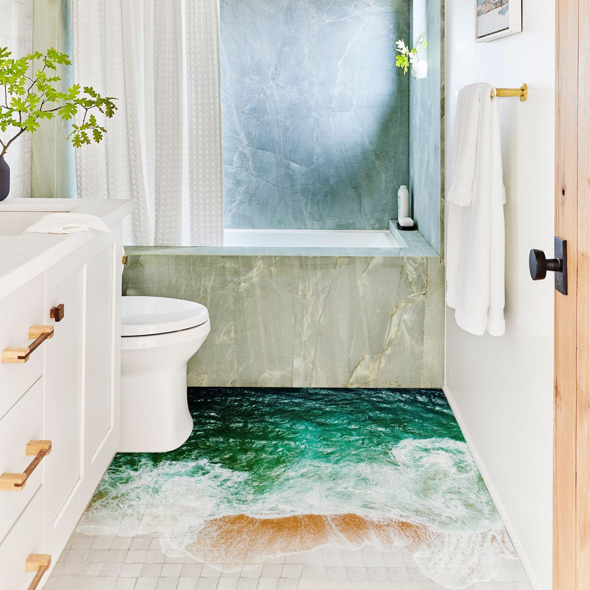 3D sea floor bathroom stickers in a modern bathroom with ocean-themed flooring and bathtub decor.