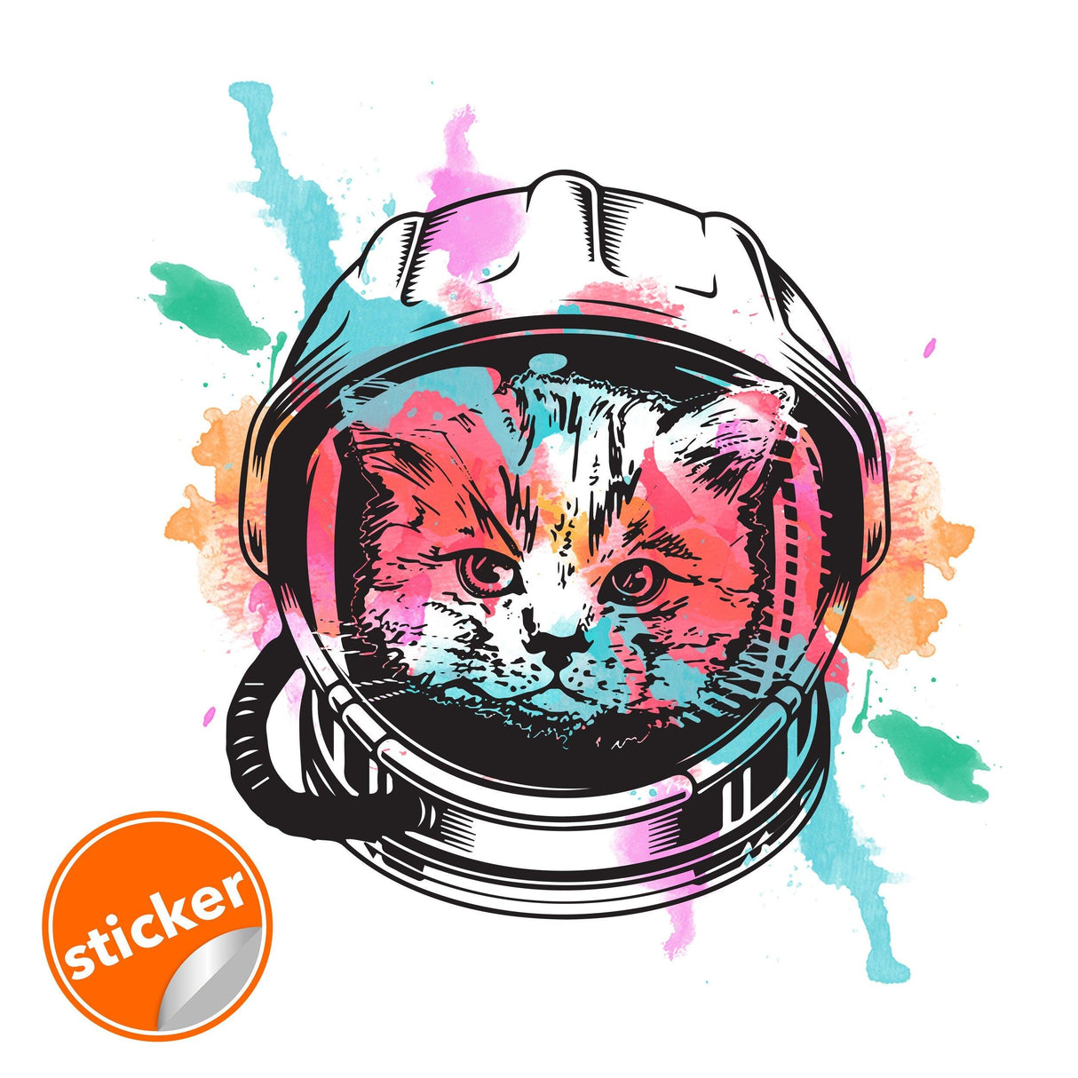 Whimsical Space Cat Wall Art Transfer Sticker featuring an astronaut kitten in a colorful helmet design.