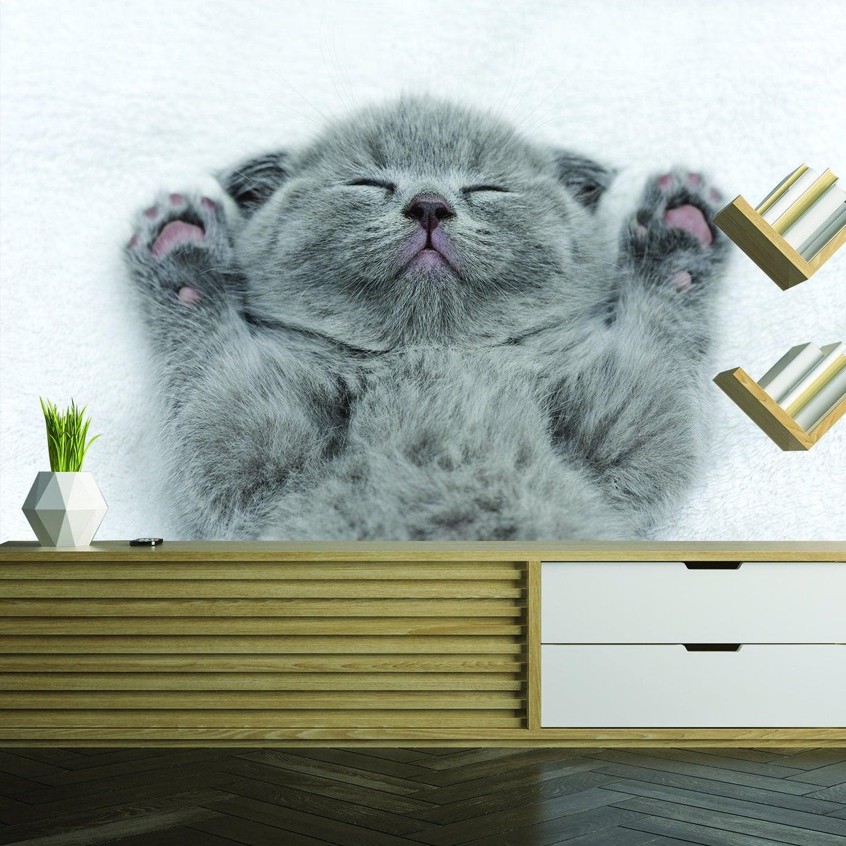 Cute gray kitten sleeping with paws up on soft surface, perfect for cat lovers' home decor.