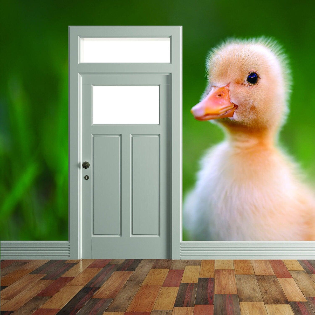 Cute duckling vinyl decal on wall, adding charm and whimsy to home decor.