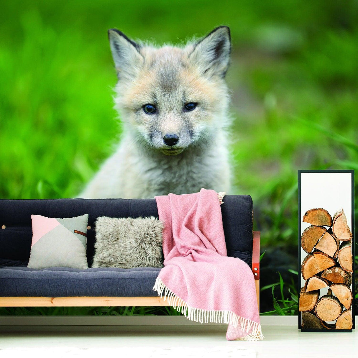 Cute little fox wallpaper decor featuring an adorable baby fox design in a vibrant green outdoor setting.