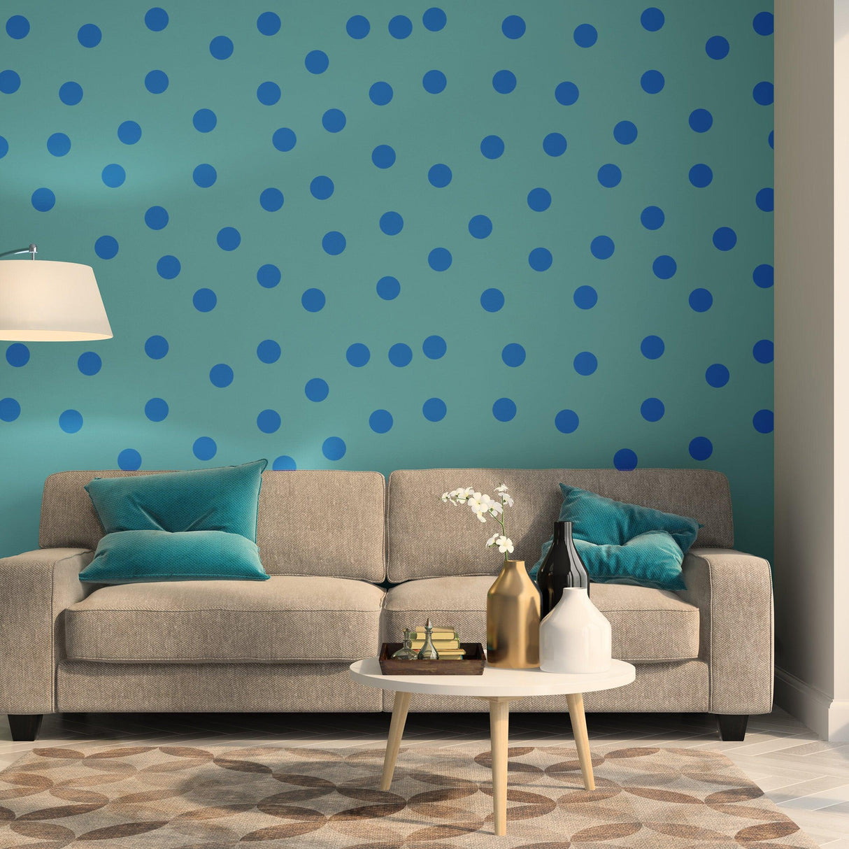 Living room featuring blue 2-inch round dot wall stickers on a teal wall with a cozy sofa and decorative elements.