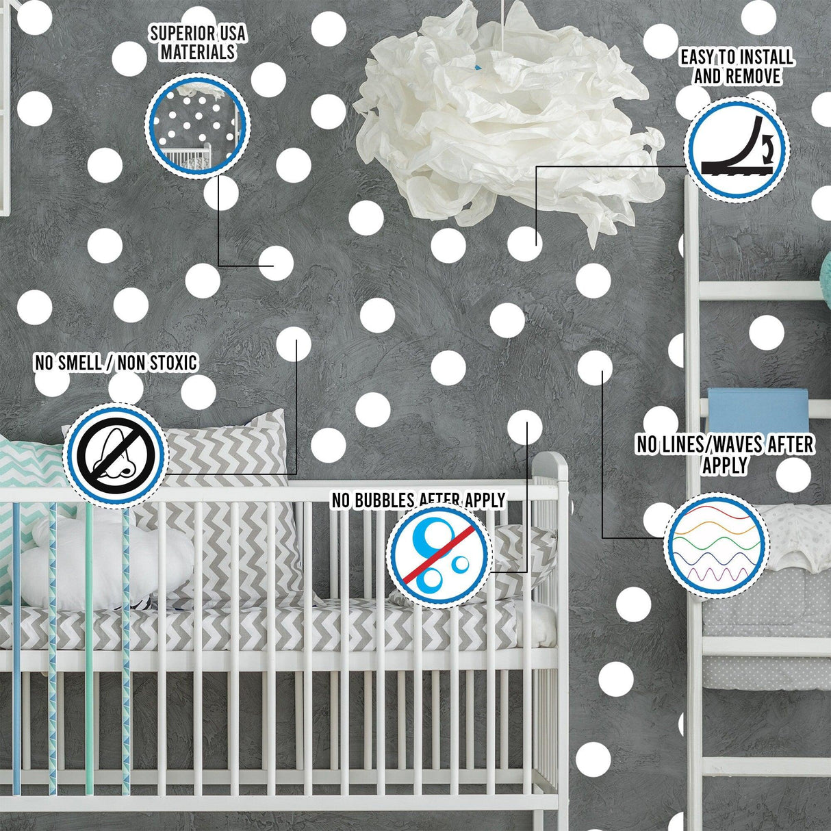 White round circle dot stickers decorating a nursery wall, showcasing easy-to-remove adhesive and non-toxic materials.