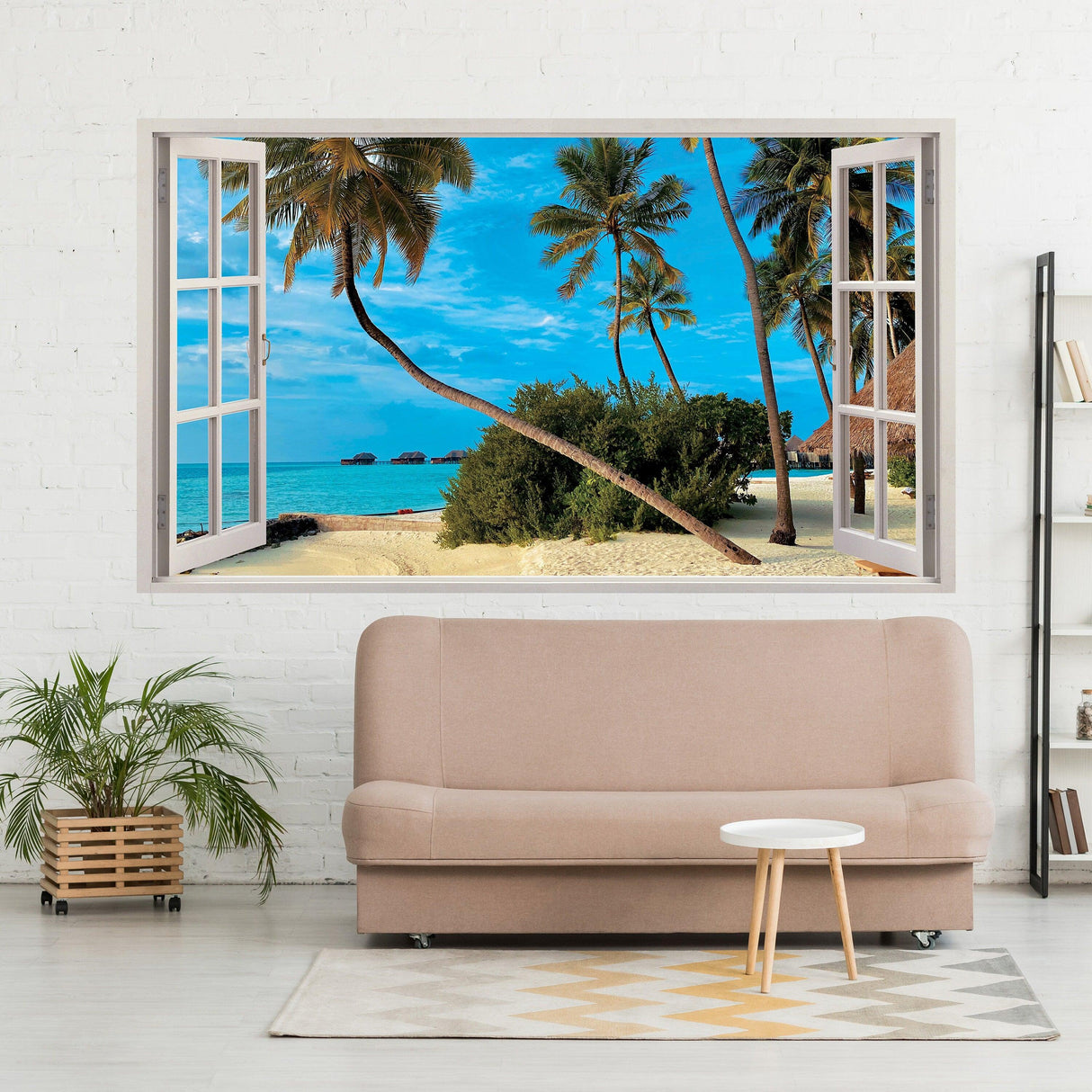 3D window beach view wall sticker showcasing a beautiful ocean scene with palm trees, ideal for adding depth to any room.