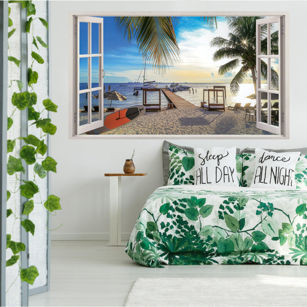 3D window beach view wall sticker featuring a serene ocean scene with palm trees and a sandy dock, perfect for bedroom decor.