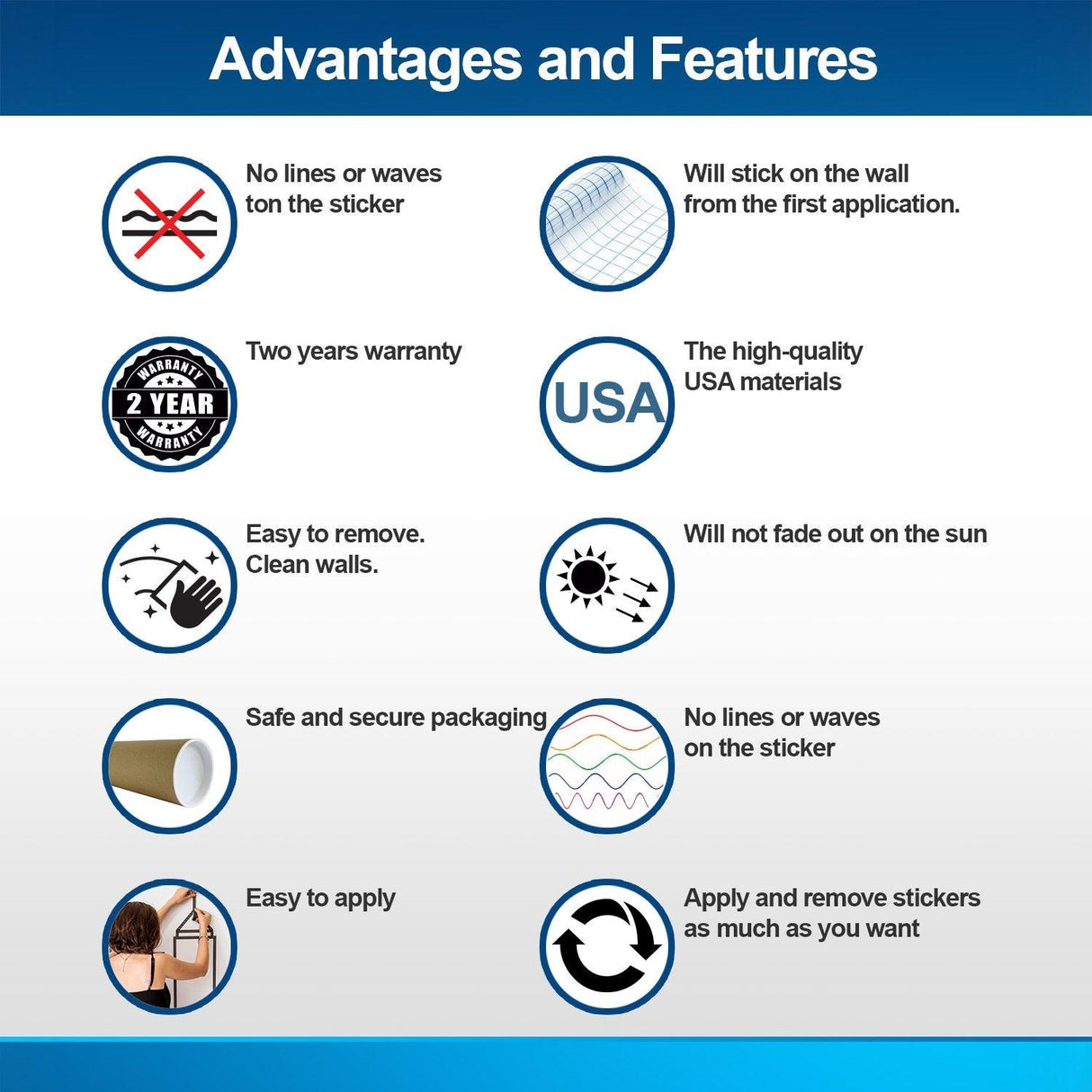 Advantages and features of polka dots wall decals including easy application and two-year warranty.