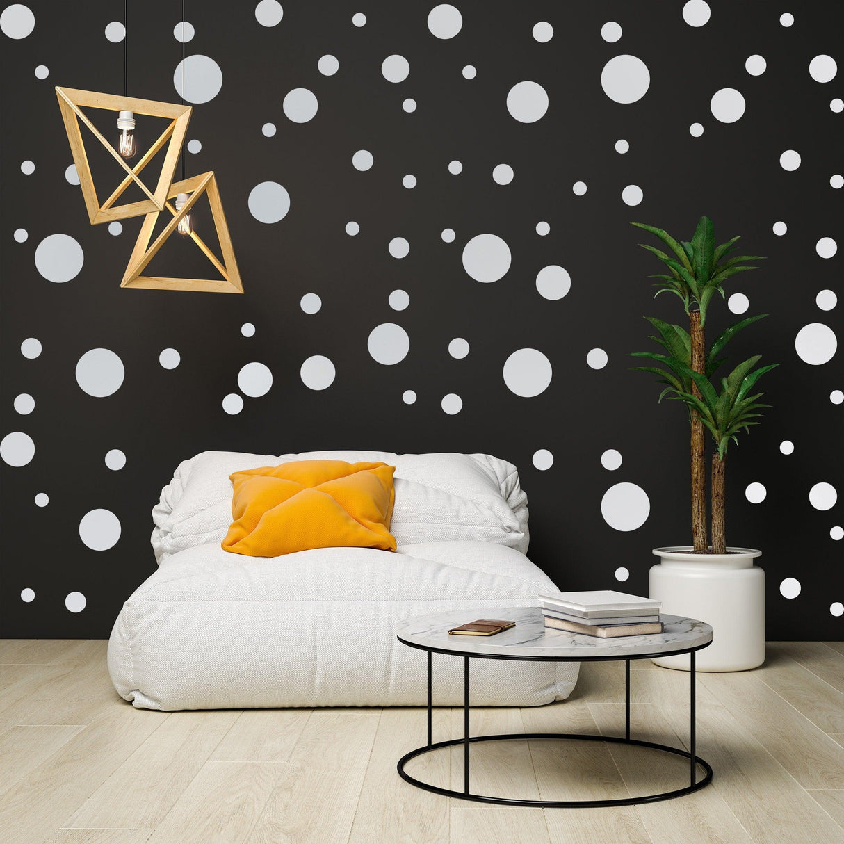 Cozy living space with white round dot wall decals on black background, featuring a stylish chair and modern decor.