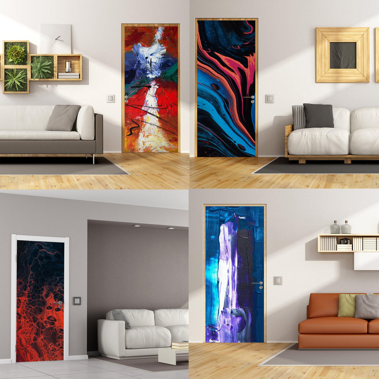 4 images showcasing 3D door cover stickers with abstract designs enhancing modern living spaces.