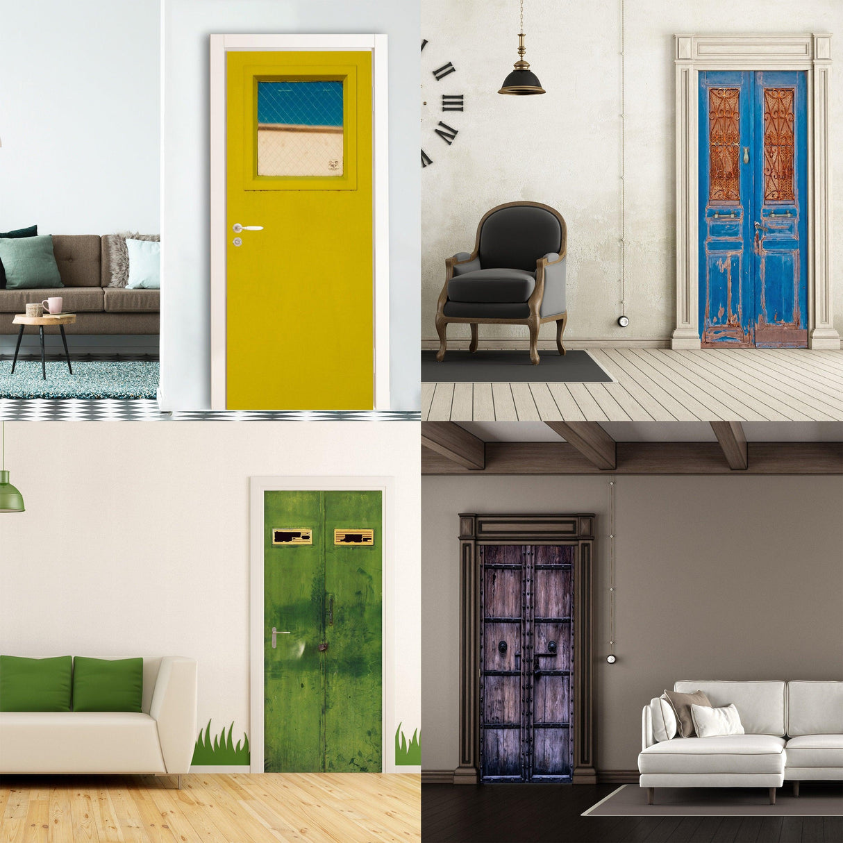 Collage of unique door designs showcasing various styles in modern interiors, including colorful and rustic doors.