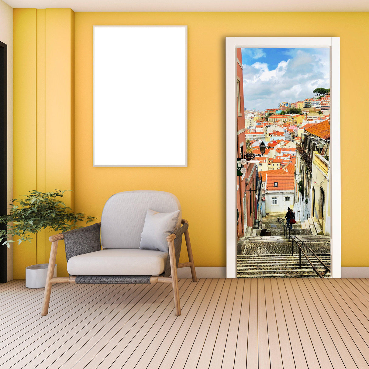 3D door cover sticker featuring a vibrant street view mural in a cozy interior setting.