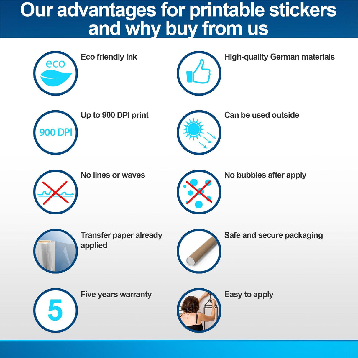 Infographic highlighting advantages of printable stickers: eco-friendly, high quality, easy to apply, durable, and warranty.