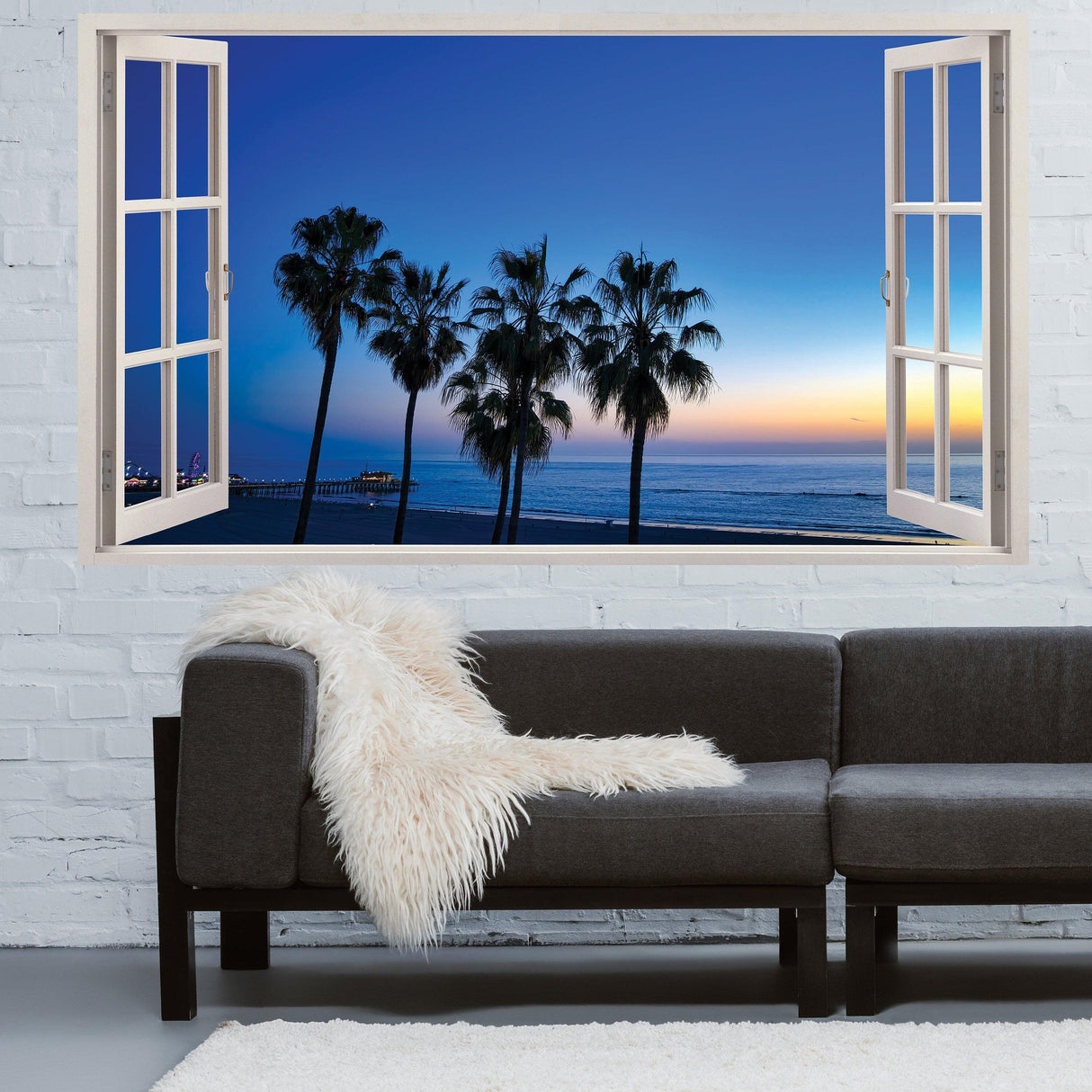 3D window beach view wall sticker with palm trees and ocean sunset, perfect for creating a tranquil interior decor.