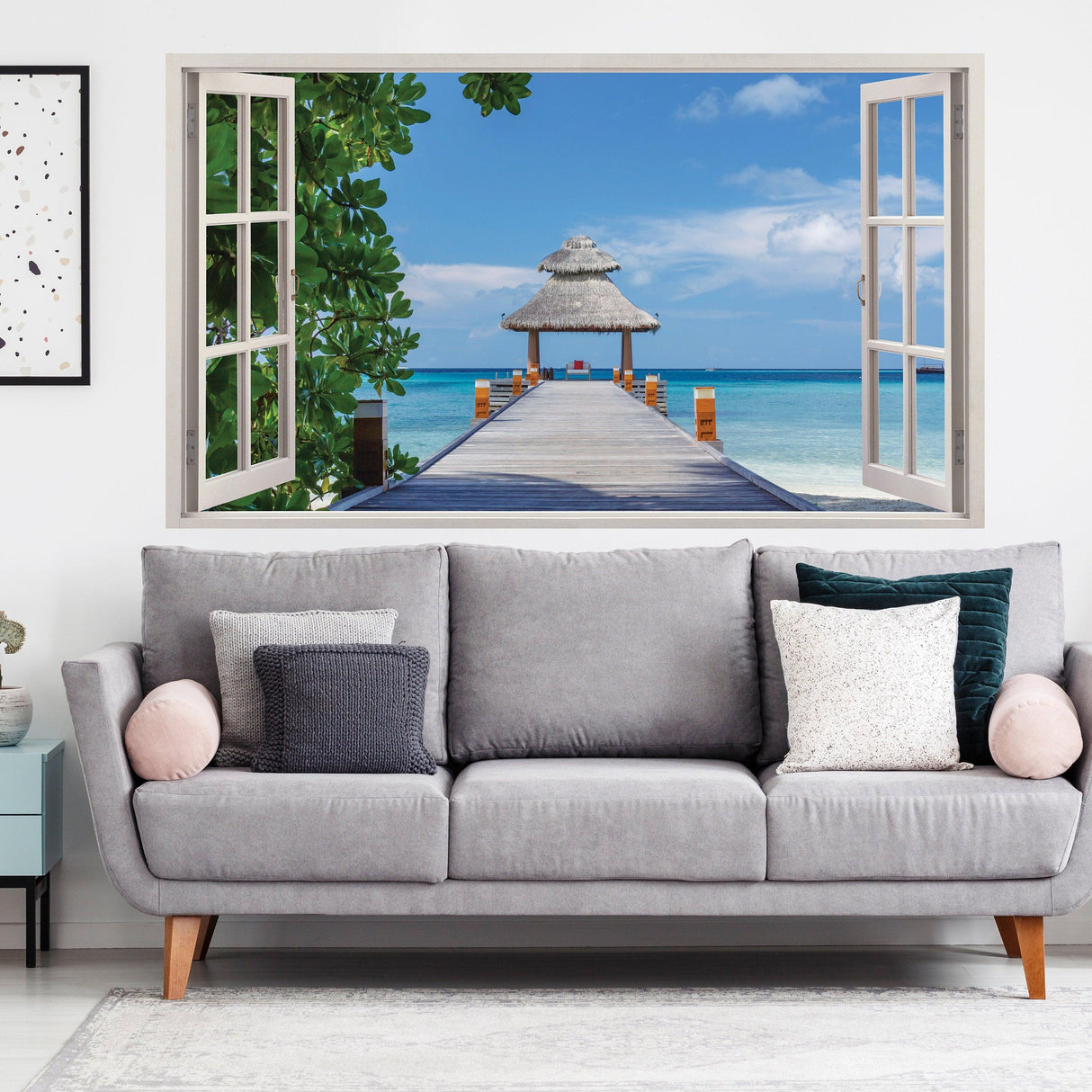 3D window beach view wall sticker featuring a tranquil ocean scene, perfect for enhancing bedroom decor.